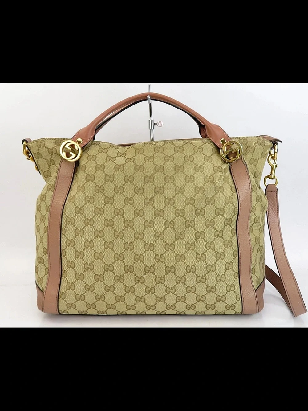 Gucci Beige GG Canvas Tote with Brown Leather Accents
